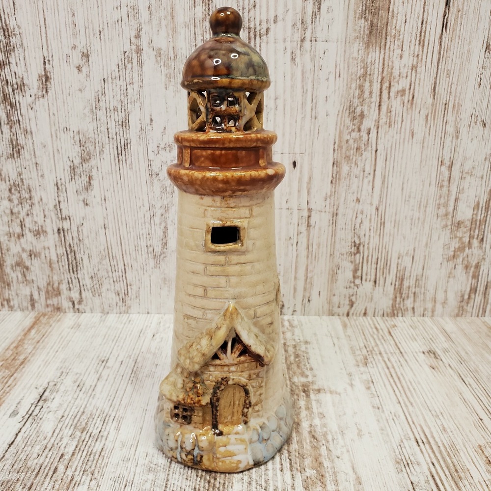 Studio Art Pottery Milky Glaze Stoneware Lighthouse Nautical Beach Decor 8" Tall